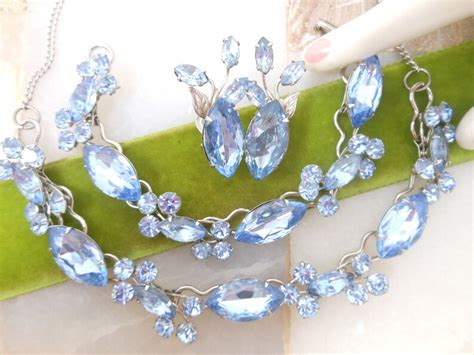 Vintage Blue Rhinestone Necklace Bracelet Earrings Set Crystal Etsy