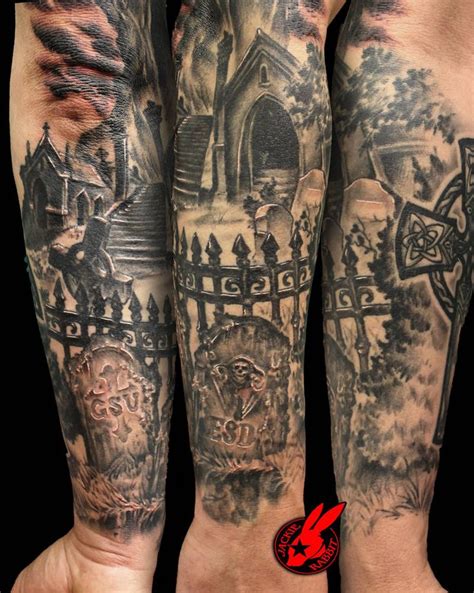 graveyard tombstone sleeve tattoo by jackie rabbit by jackierabbit12 graveyard tattoo half