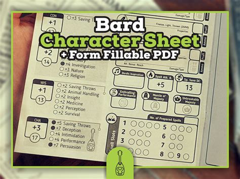 Bard Character Sheet For Dnd 5e Form Fillable Pdf Dungeons And Dragons Printable Character