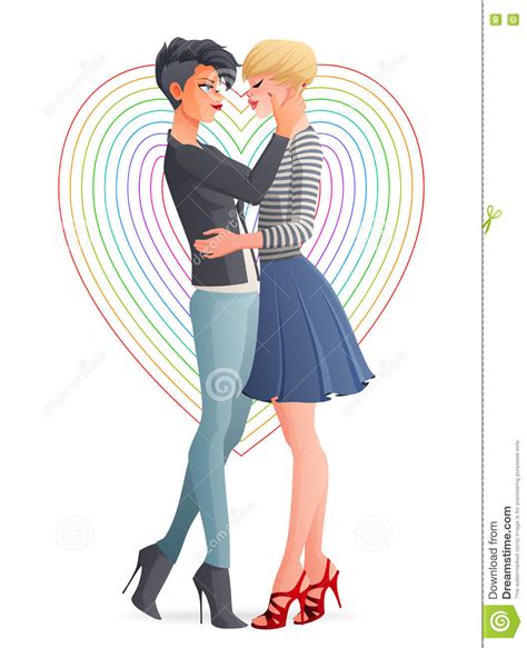 Cheerful Beautiful Gay Lesbian Homosexual Couple Vector Illustration