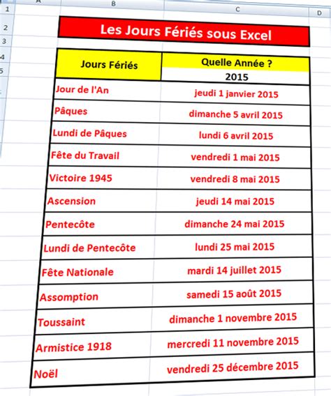 Excel Liste Des Dates Des Jours Fériés Tutozine
