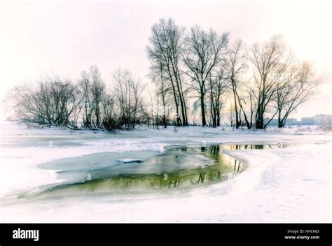 Landscape With Frozen Water Ice And Snow On The Dnieper River In Kiev