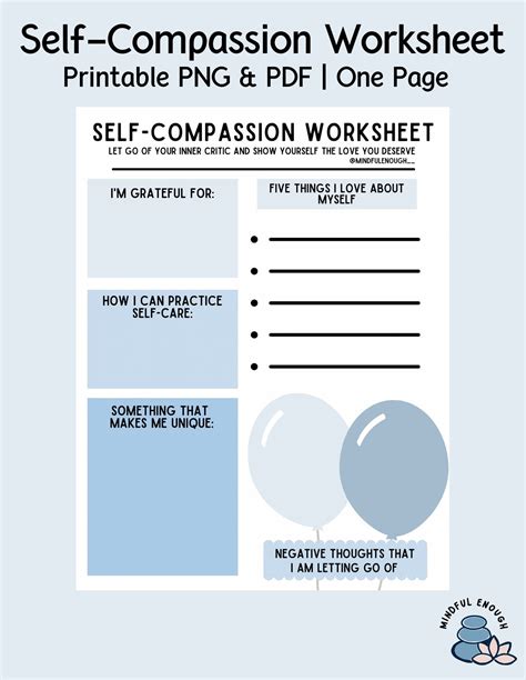 Printable Self Compassion Worksheet Self Love Journal Printable Pdf Png Etsy Uk