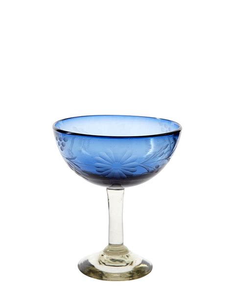 Hand Etched Recycled Margarita Glass Fair Trade Dark Blue Margarita Glass Glass Blue