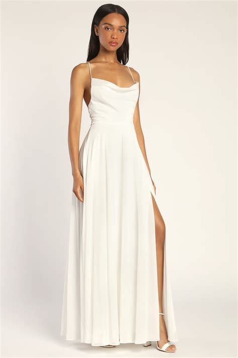 White Dress Cowl Neck Dress Lace Up Maxi Dress Lulus
