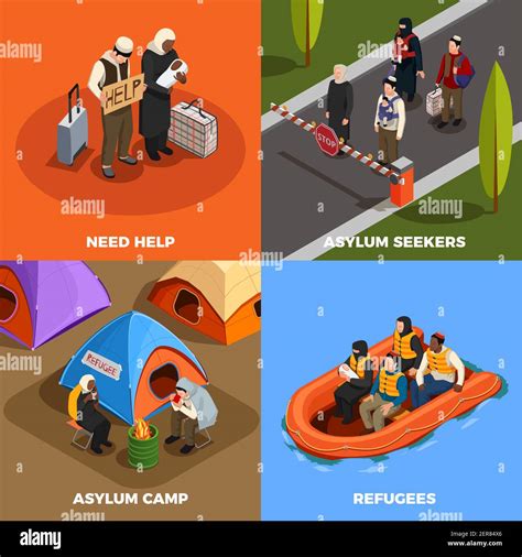 stateless refugees asylum icons isometric 2x2 design concept with human characters of displaced