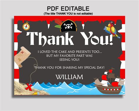 Birthday Pirate Thank You Pirate Self Editable Red Black Thank You