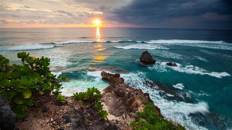 Indonesia Bali Island Tropical Nature Scenery Sea Waves Sunset