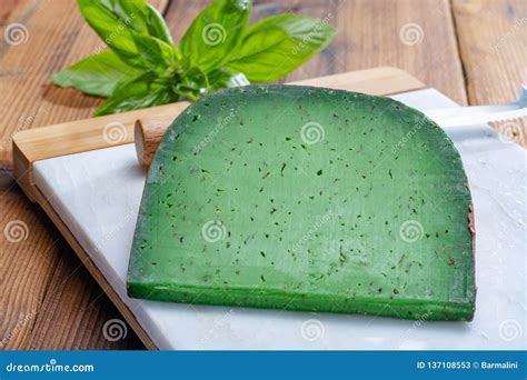 Cheese Collection Piece Of Dutch Green Pesto Hard Cheese With Fresh