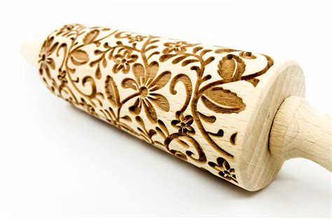 No R237 Floral Pattern 3 Rolling Pin Embossed Rolling Pin Wooden