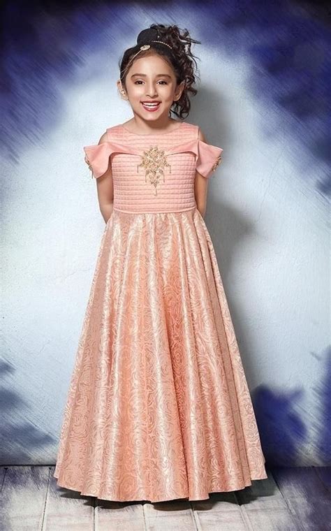 Buy Pastel Pink Color Sumilon Jacquard Girls Stitched Gown Zinnga