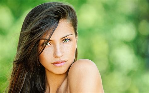 Wallpaper Face Women Outdoors Model Depth Of Field Long Hair Brunette Bare Shoulders