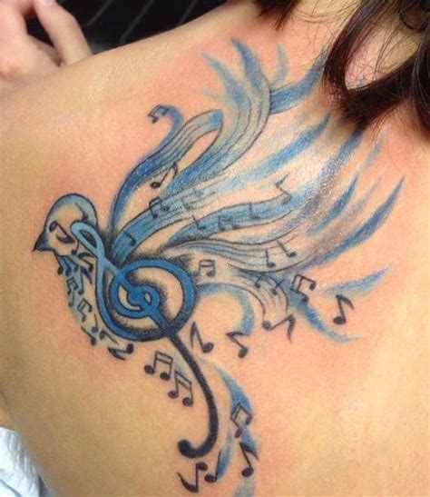 Beautiful Music Bird Watercolor Tattoo On Shoulder Blade
