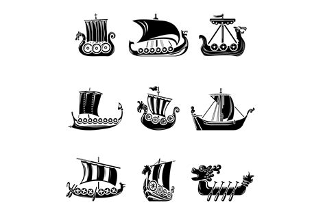 Viking Ship Boat Drakkar Icons Set Custom Designed Illustrations