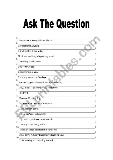 Ask The Question Esl Worksheet By Snogueira