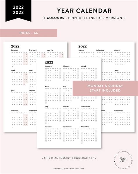 2022 2023 A6 Rings Calendar Printable Year At A Glance Etsy