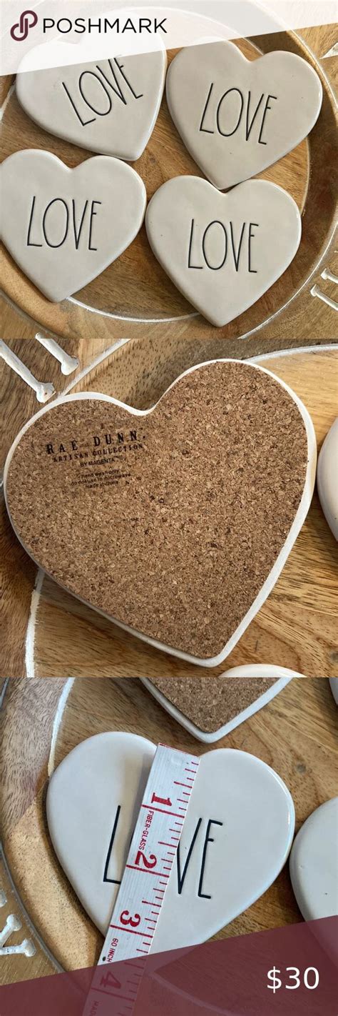 Rae Dunn LOVE Coaster Set Of 4 NEW Heart Shaped In Gift Bag Cork Backed