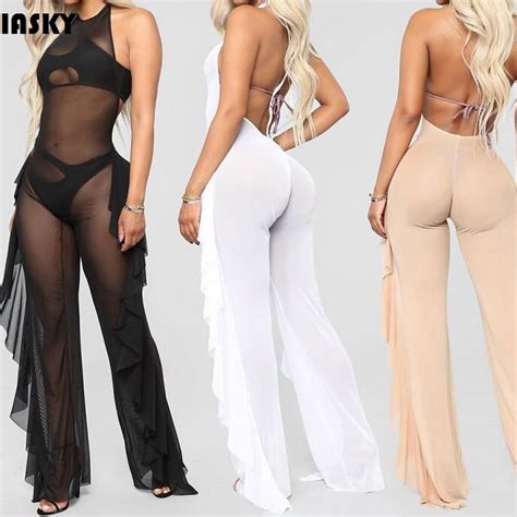 Iasky 2018 New See Through Mesh Jumpsuit Beach Cover Ups Sexy Backless Bikini Swimsuit Romper