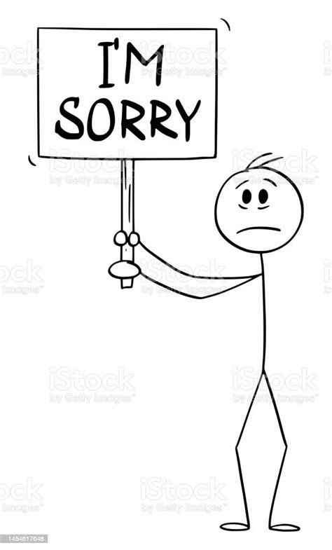 Sad Person Holding Im Sorry Sign Vector Cartoon Stick Figure