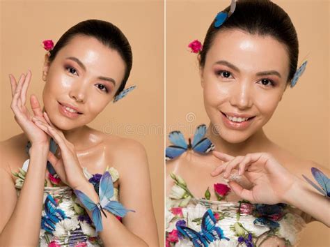 Sourire Nue Asiatique Fille Enlever Maquillage Du Visage Avec Des