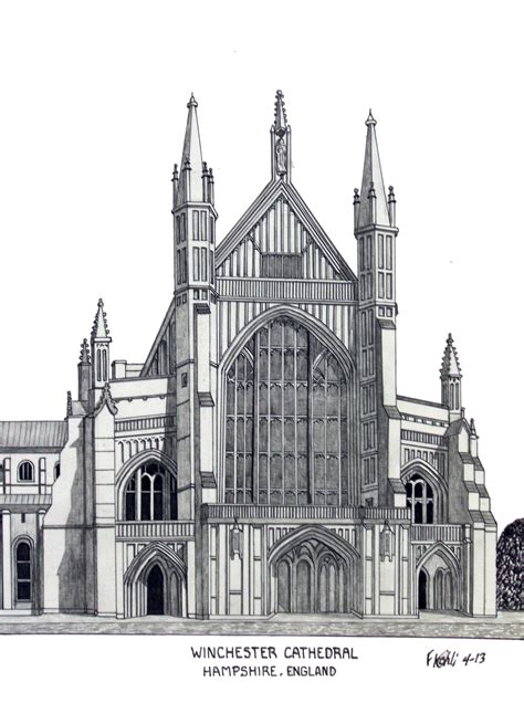 Winchester Cathedral Pen And Pencil Drawing By Frederic Kohli Of The