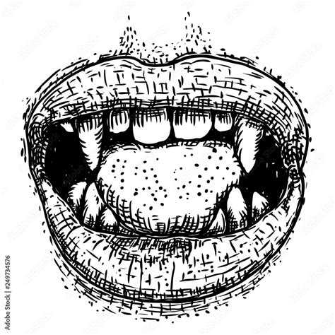 sexy vampire lips drawing of woman open mouth with fangs illustration for halloween