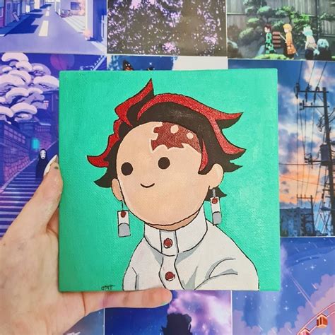 Tanjiro Demon Slayer Acrylic Painting Hand Painted On A 15 Cm Etsy