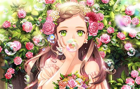 Wallpaper Look Flowers Roses Anime Art Girl Images For Desktop