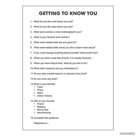 Getting To Know You Printables Adults