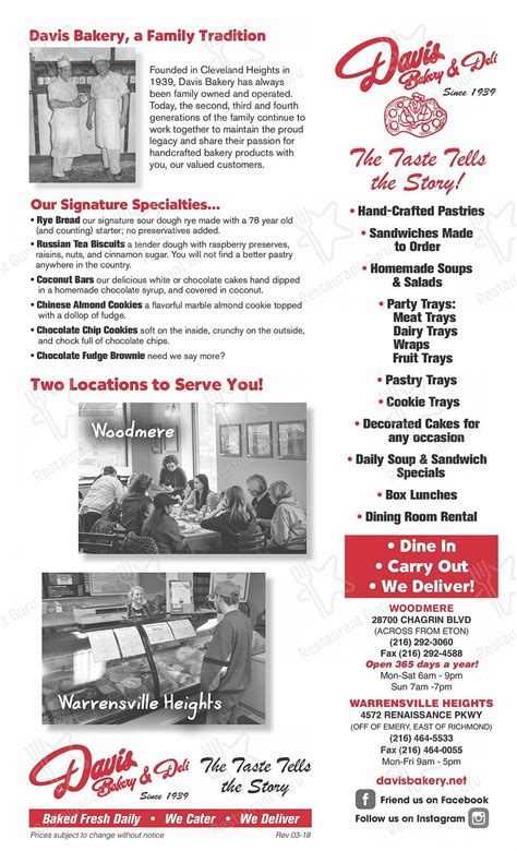 Menu at Davis Bakery & Delicatessen, Woodmere, Chagrin Blvd