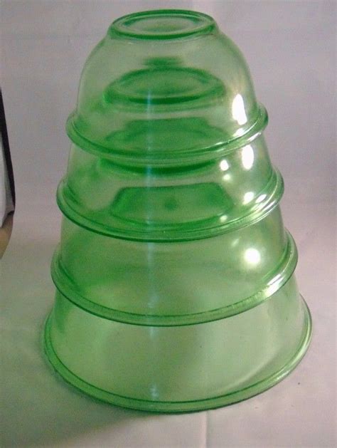 Vintage Green Depression Hazel Atlas Nesting Mixing Bowls Set Of Rare
