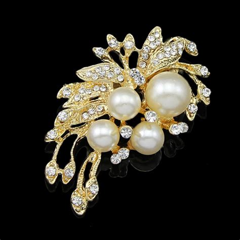 Luxury Great Simulated Pearls Crystal Leaves Flower Lady Brooch Pins Jewelry High Quality
