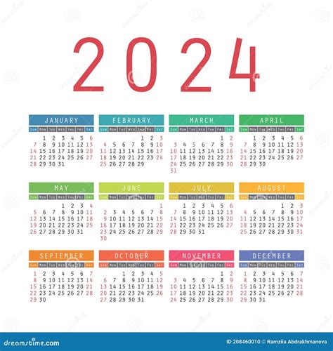 Calendar 2024 Year English Colorful Vector Square Pocket Or Wall