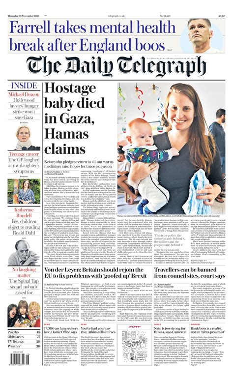 Daily Telegraph Front Page 30th Of November 2023 Tomorrow S Papers Today