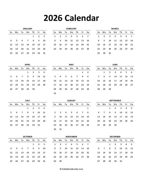 Free Printable Calendar 2026 Word Pdf Excel