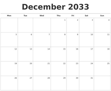 December 2033 Blank Monthly Calendar