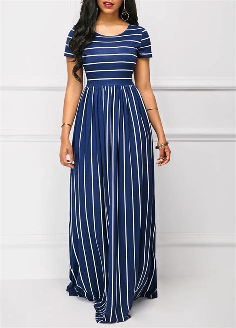High Waist Stripe Print Short Sleeve Navy Maxi Dress Short Sleeve
