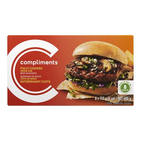 Fully Cooked Prime Rib Beef Burgers 6 Patties 680 G Compliments Ca