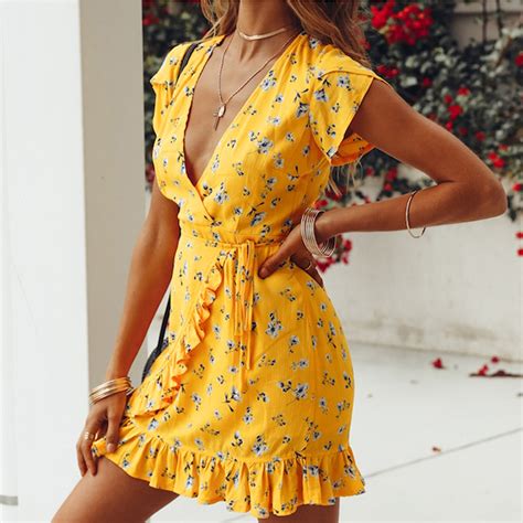 Ladies Sexy Yellow Summer Dress Women Ruffles Short Sleeve Floral