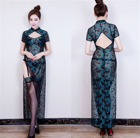 exclusive design retro sexy long cheongsam dress skirt peacock feathers erotic lingerie set