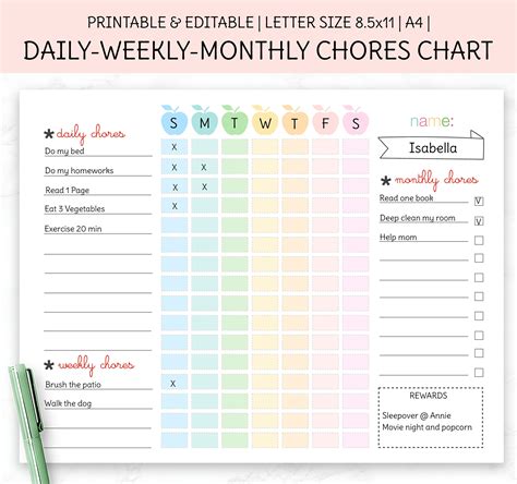 Editable Chore Chart Printable Template Daily Weekly Etsy Sweden