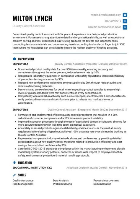 Quality Control Assistant Resume Cv Example And Writing Guide