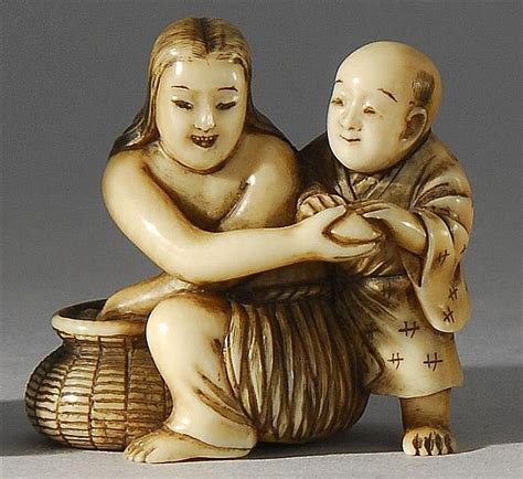 lot 37 ivory netsuke by rantei depicting a pearl diver and youth beside a wicker basket