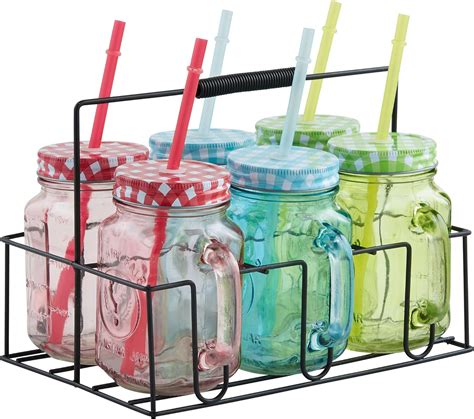 Vonshef Mason Jar Set Of 6 Coloured Glass Drinking Jars Includes Carrier With Reusable Straws