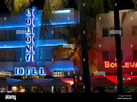 Art Deco District At Night Ocean Drive South Beach Miami Beach Miami Florida Usa Stock