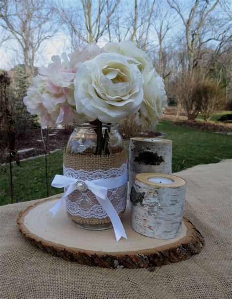 Mason Jar With Birch Candles And Wood Slice Wedding Centerpieces Decor