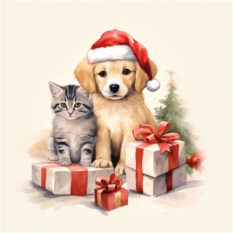 Christmas Cat And Dog Santa Hats Watercolor Ai Digital Download Digital