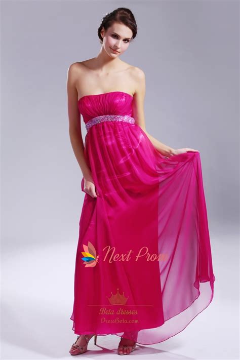 Hot Pink Strapless Prom Dress Empire Waist Chiffon Evening Gowns