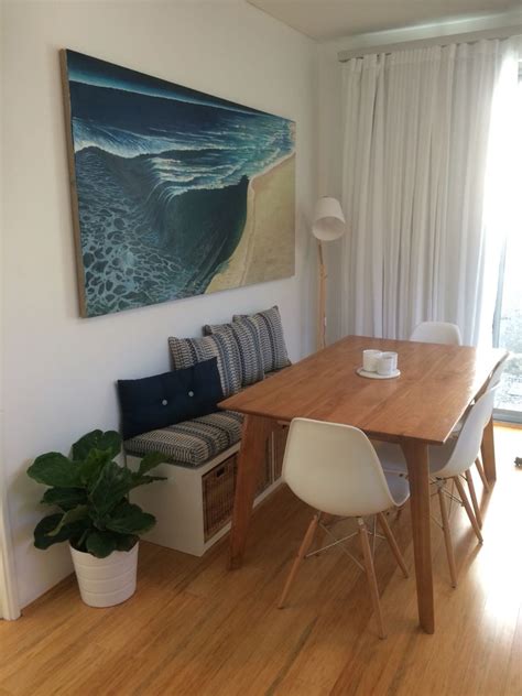 Hack a long dining bench with storage for $200. Bench seat with dining table. Warwick cushions. IKEA ...