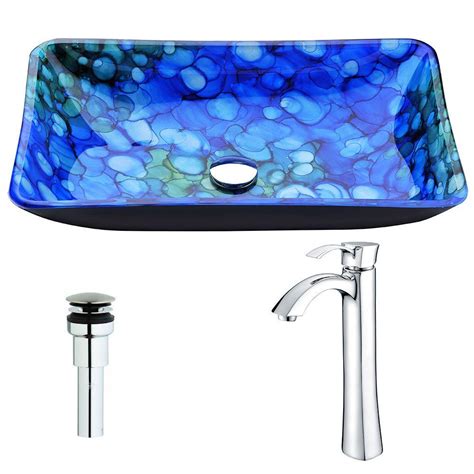 Anzzi Voce Series Deco Glass Vessel Sink In Lustrous Blue With Harmony